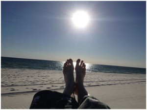 bestselling author Marshall Chapman, winter sunbathing at Santa Rosa Beach